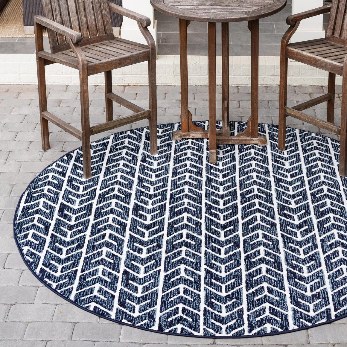 Navy Blue 7' x 7' Sabrina Soto Outdoor Round Area Rug Weather Resistant for Patio, Deck, Terrace, Balcony, Porch Durable Carpet for Exterior Home Design for Sale at Rug Engine