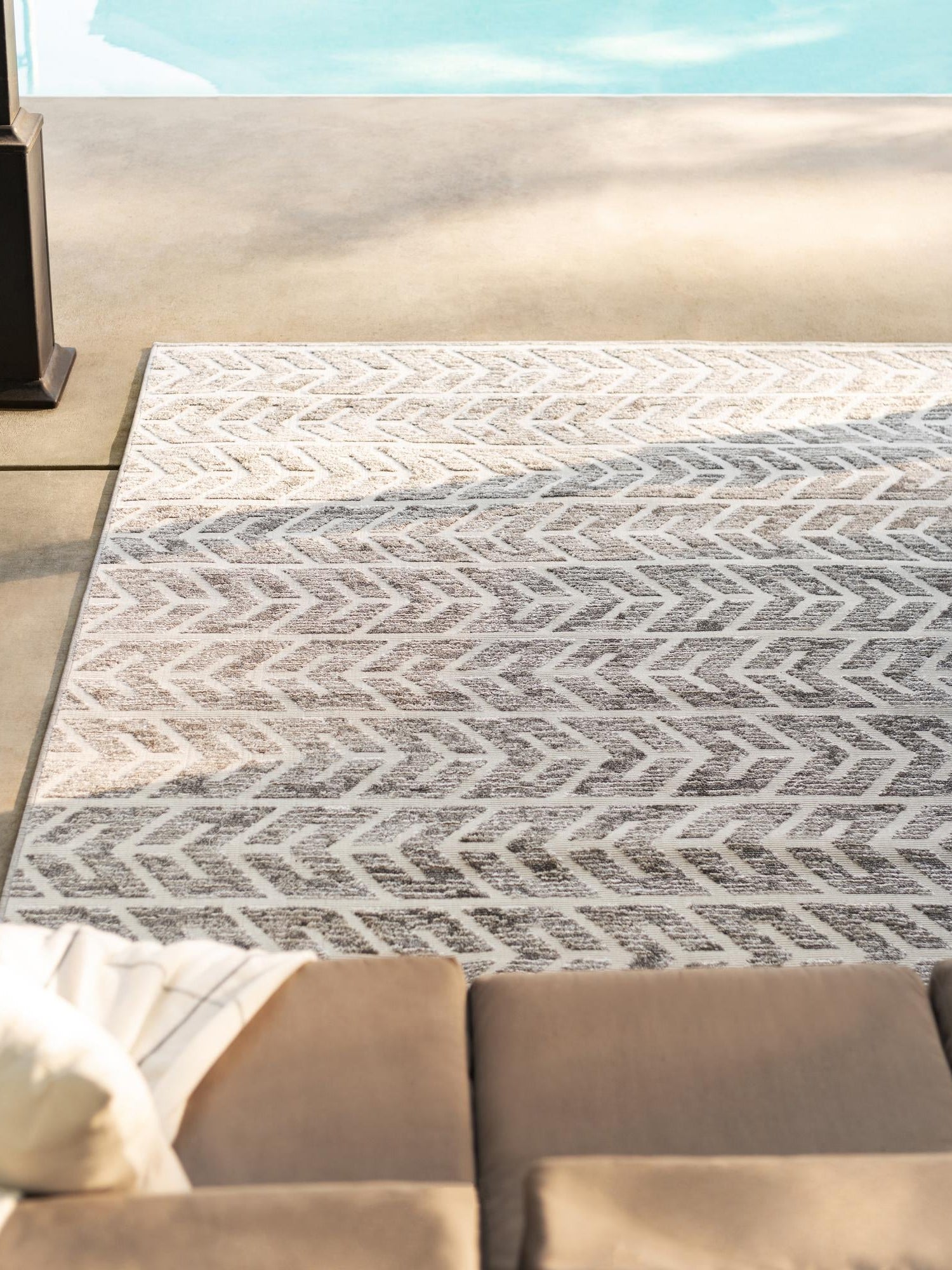 Beige 5' 1 x 8' Sabrina Soto Outdoor Rectangle Area Rug Weather Resistant for Patio, Deck, Terrace, Balcony, Porch Durable Carpet for Exterior Home Design for Sale at Rug Engine
