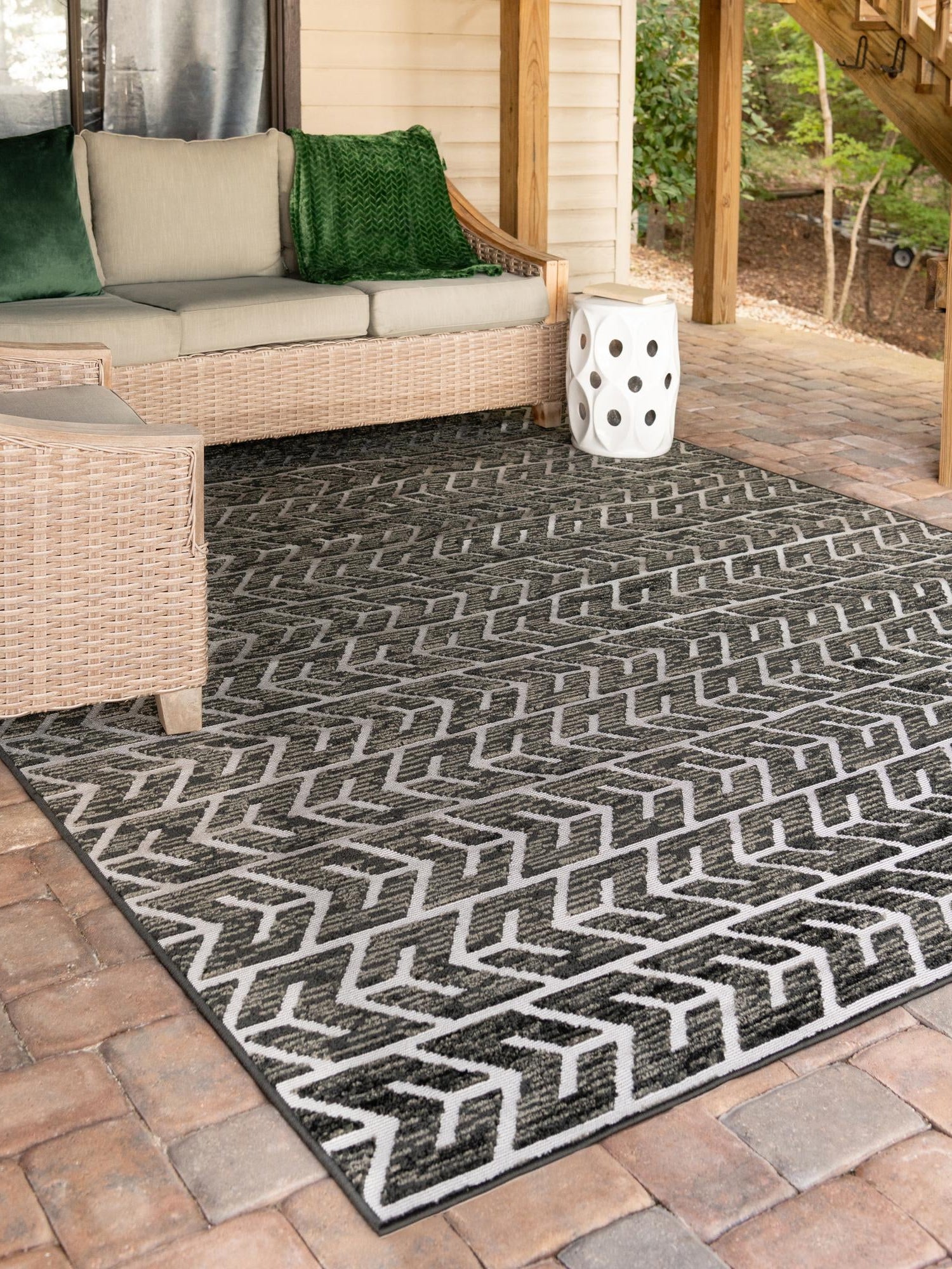 Black 9' x 12' 2 Sabrina Soto Outdoor Rectangle Area Rug Weather Resistant for Patio, Deck, Terrace, Balcony, Porch Durable Carpet for Exterior Home Design for Sale at Rug Engine