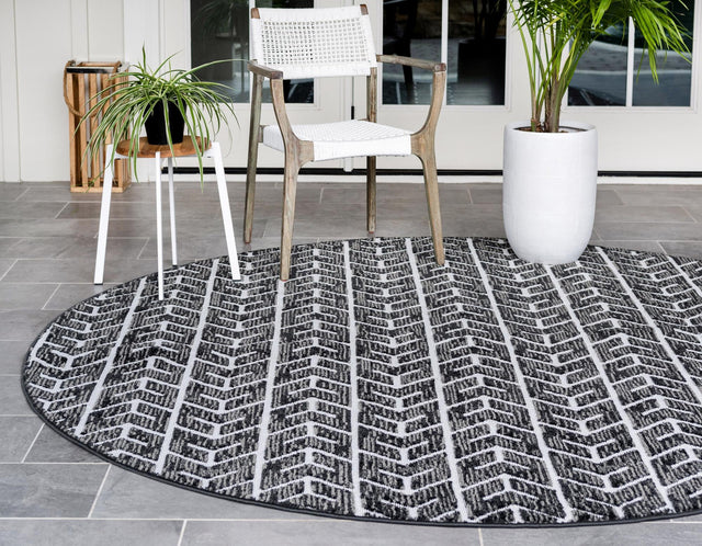 Black 8' x 8' Sabrina Soto Outdoor Round Area Rug Weather Resistant for Patio, Deck, Terrace, Balcony, Porch Durable Carpet for Exterior Home Design for Sale at Rug Engine