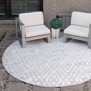 Gray 8' x 8' Sabrina Soto Outdoor Round Area Rug Weather Resistant for Patio, Deck, Terrace, Balcony, Porch Durable Carpet for Exterior Home Design for Sale at Rug Engine