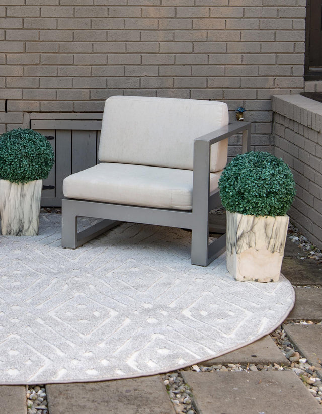 Gray 8' x 8' Sabrina Soto Outdoor Round Area Rug Weather Resistant for Patio, Deck, Terrace, Balcony, Porch Durable Carpet for Exterior Home Design for Sale at Rug Engine