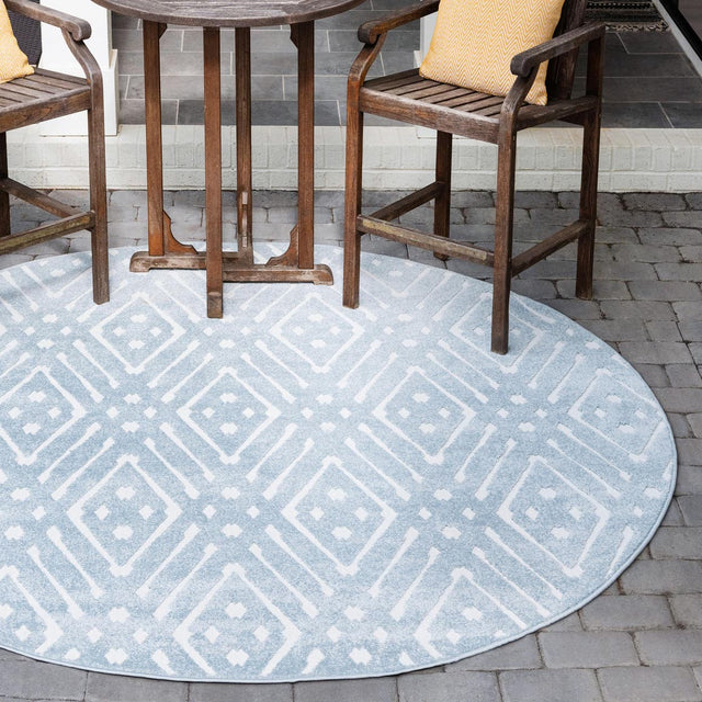 Light Blue 8' x 8' Sabrina Soto Outdoor Round Area Rug Weather Resistant for Patio, Deck, Terrace, Balcony, Porch Durable Carpet for Exterior Home Design for Sale at Rug Engine