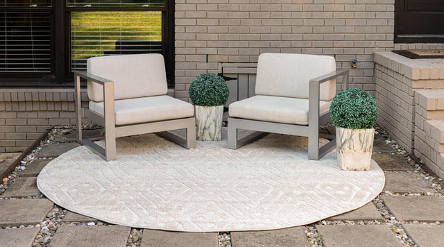 Beige 8' x 8' Sabrina Soto Outdoor Round Area Rug Weather Resistant for Patio, Deck, Terrace, Balcony, Porch Durable Carpet for Exterior Home Design for Sale at Rug Engine
