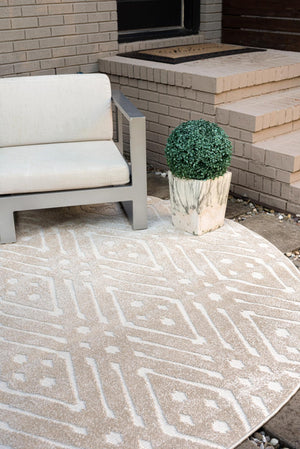 Beige 8' x 8' Sabrina Soto Outdoor Round Area Rug Weather Resistant for Patio, Deck, Terrace, Balcony, Porch Durable Carpet for Exterior Home Design for Sale at Rug Engine