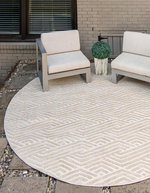 Beige 8' x 8' Sabrina Soto Outdoor Round Area Rug Weather Resistant for Patio, Deck, Terrace, Balcony, Porch Durable Carpet for Exterior Home Design for Sale at Rug Engine