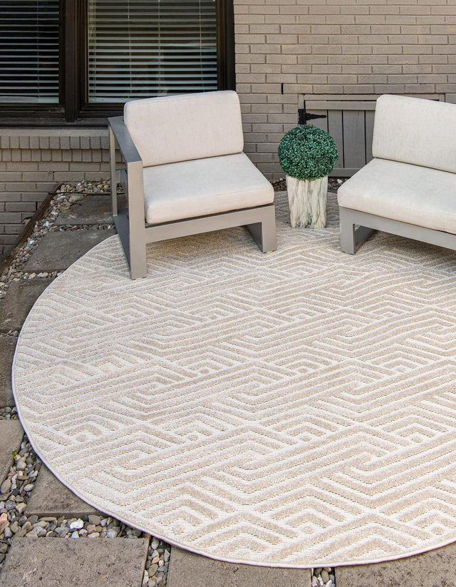 Beige 8' x 8' Sabrina Soto Outdoor Round Area Rug Weather Resistant for Patio, Deck, Terrace, Balcony, Porch Durable Carpet for Exterior Home Design for Sale at Rug Engine