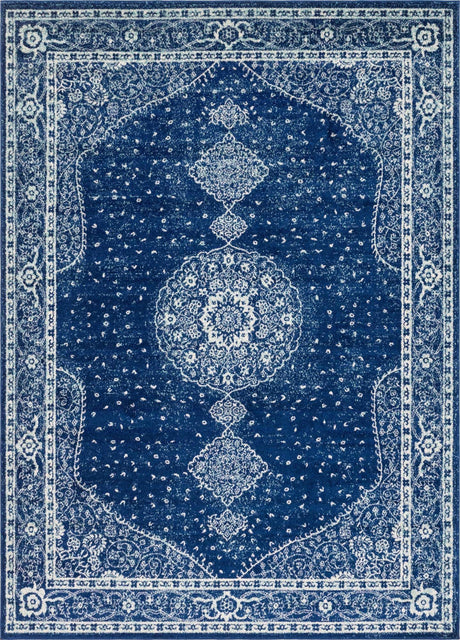 Navy Blue 7' 10 x 11' Bromley Rectangle Area Rug 100% Polypropylene With Cotton Backing Vintage Distressed Colorful Traditional Carpet for Living Dining Rooms Offices for Sale at Rug Engine