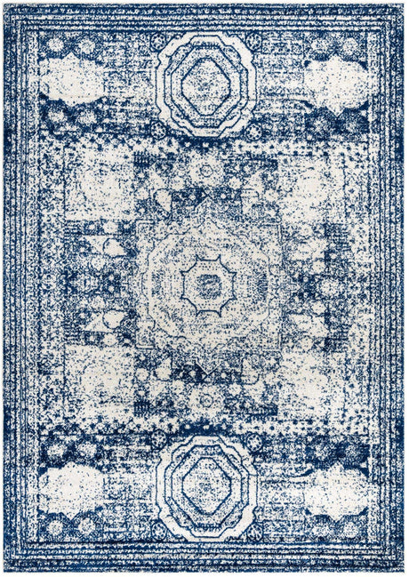 Ivory and Blue 7' 10 x 11' Bromley Rectangle Area Rug 100% Polypropylene With Cotton Backing Vintage Distressed Colorful Traditional Carpet for Living Dining Rooms Offices for Sale at Rug Engine
