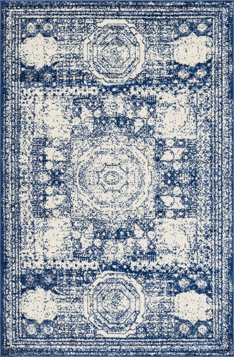 Ivory and Blue 6' 1 x 9' Bromley Rectangle Area Rug 100% Polypropylene With Cotton Backing Vintage Distressed Colorful Traditional Carpet for Living Dining Rooms Offices for Sale at Rug Engine