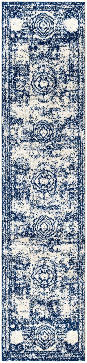 Ivory and Blue 2' x 9' Bromley Runner Area Rug 100% Polypropylene With Cotton Backing Vintage Distressed Colorful Traditional Carpet for Living Dining Rooms Offices for Sale at Rug Engine