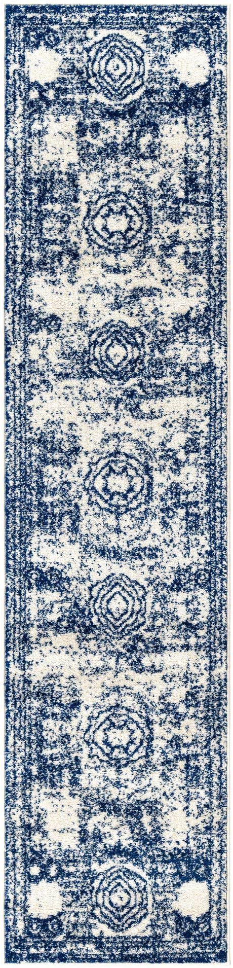 Ivory and Blue 2' x 9' Bromley Runner Area Rug 100% Polypropylene With Cotton Backing Vintage Distressed Colorful Traditional Carpet for Living Dining Rooms Offices for Sale at Rug Engine