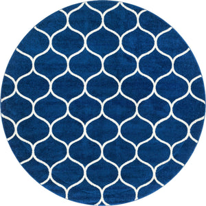 Navy Blue 7' 10 x 7' 10 Trellis Frieze Round Area Rug Geometric Modern Unique Stain Resistant Easy Clean Carpet for Living, Dining, Bedrooms, Office for Sale at Rug Engine