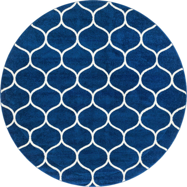 Navy Blue 7' 10 x 7' 10 Trellis Frieze Round Area Rug Geometric Modern Unique Stain Resistant Easy Clean Carpet for Living, Dining, Bedrooms, Office for Sale at Rug Engine