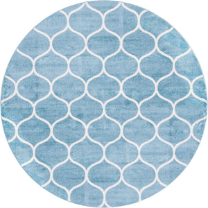 Light Blue 7' 10 x 7' 10 Trellis Frieze Round Area Rug Geometric Modern Unique Stain Resistant Easy Clean Carpet for Living, Dining, Bedrooms, Office for Sale at Rug Engine
