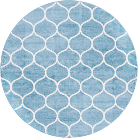 Light Blue 7' 10 x 7' 10 Trellis Frieze Round Area Rug Geometric Modern Unique Stain Resistant Easy Clean Carpet for Living, Dining, Bedrooms, Office for Sale at Rug Engine