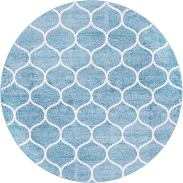 Light Blue 7' 10 x 7' 10 Trellis Frieze Round Area Rug Geometric Modern Unique Stain Resistant Easy Clean Carpet for Living, Dining, Bedrooms, Office for Sale at Rug Engine