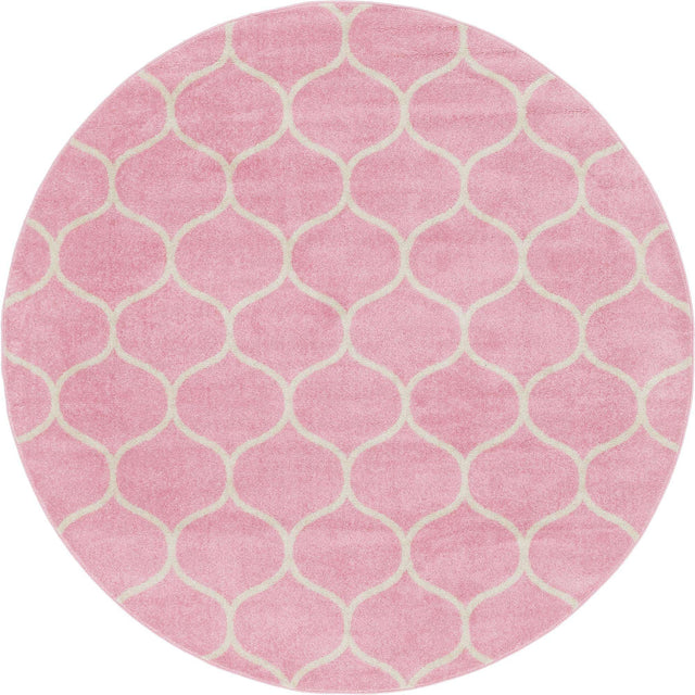 Light Pink 7' 10 x 7' 10 Trellis Frieze Round Area Rug Geometric Modern Unique Stain Resistant Easy Clean Carpet for Living, Dining, Bedrooms, Office for Sale at Rug Engine