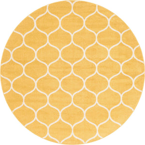 Yellow 7' 10 x 7' 10 Trellis Frieze Round Area Rug Geometric Modern Unique Stain Resistant Easy Clean Carpet for Living, Dining, Bedrooms, Office for Sale at Rug Engine