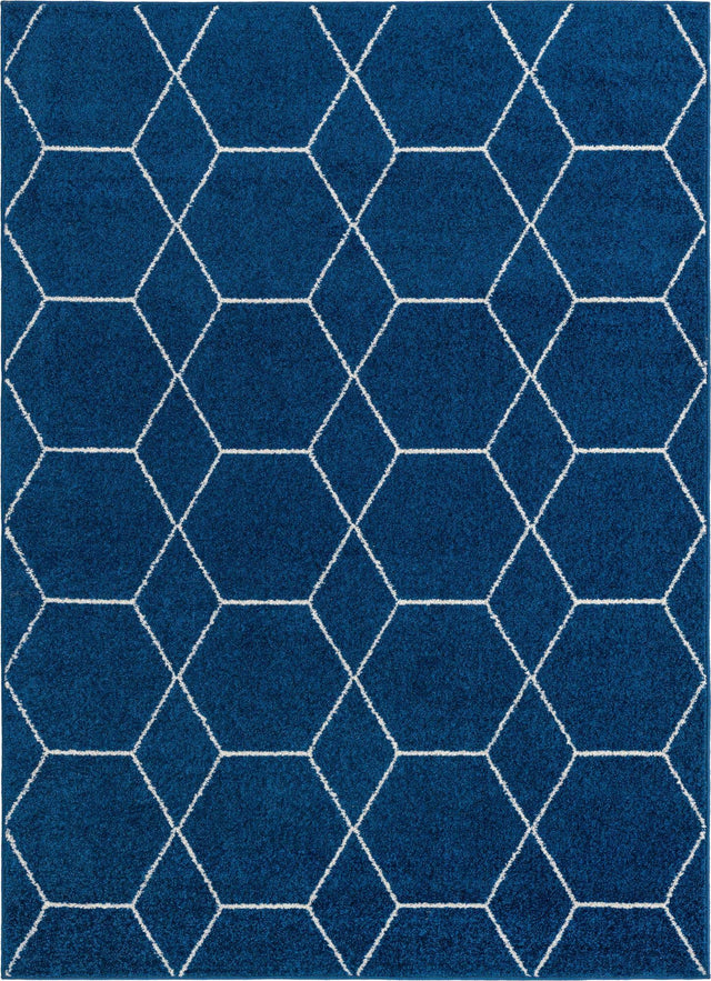 Navy Blue 7' 10 x 11' Trellis Frieze Rectangle Area Rug Geometric Modern Unique Stain Resistant Easy Clean Carpet for Living, Dining, Bedrooms, Office for Sale at Rug Engine