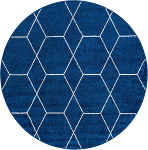 Navy Blue 7' 10 x 7' 10 Trellis Frieze Round Area Rug Geometric Modern Unique Stain Resistant Easy Clean Carpet for Living, Dining, Bedrooms, Office for Sale at Rug Engine