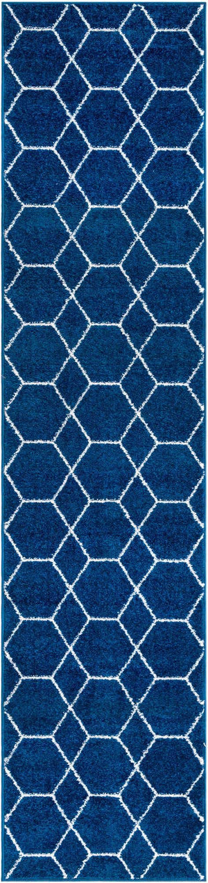 Navy Blue 2' x 9' Trellis Frieze Runner Area Rug Geometric Modern Unique Stain Resistant Easy Clean Carpet for Living, Dining, Bedrooms, Office for Sale at Rug Engine