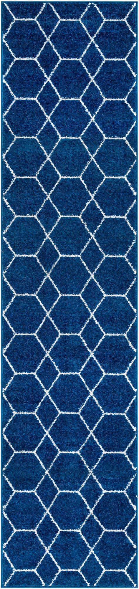 Navy Blue 2' x 9' Trellis Frieze Runner Area Rug Geometric Modern Unique Stain Resistant Easy Clean Carpet for Living, Dining, Bedrooms, Office for Sale at Rug Engine