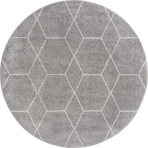 Light Gray 7' 10 x 7' 10 Trellis Frieze Round Area Rug Geometric Modern Unique Stain Resistant Easy Clean Carpet for Living, Dining, Bedrooms, Office for Sale at Rug Engine