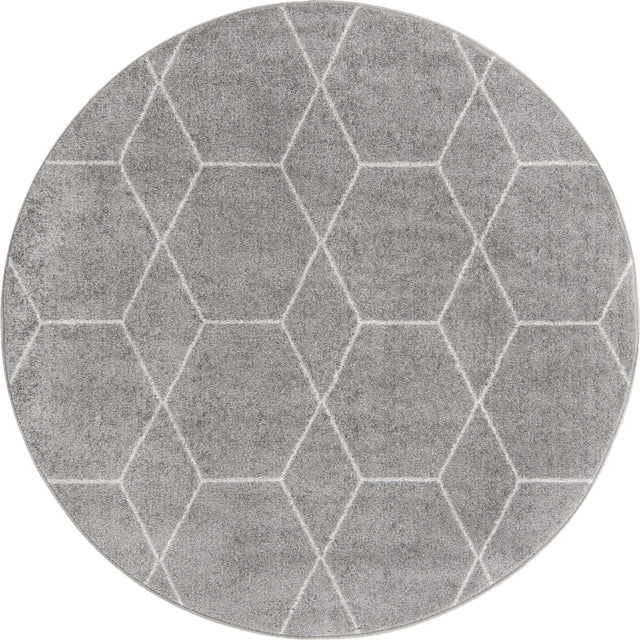 Light Gray 7' 10 x 7' 10 Trellis Frieze Round Area Rug Geometric Modern Unique Stain Resistant Easy Clean Carpet for Living, Dining, Bedrooms, Office for Sale at Rug Engine