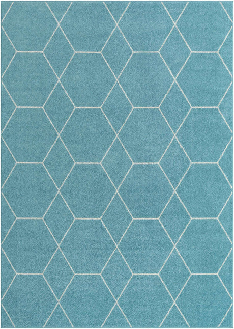 Light Blue 7' 10 x 11' Trellis Frieze Rectangle Area Rug Geometric Modern Unique Stain Resistant Easy Clean Carpet for Living, Dining, Bedrooms, Office for Sale at Rug Engine