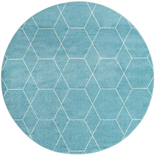 Light Blue 5' 3 x 5' 3 Trellis Frieze Round Area Rug Geometric Modern Unique Stain Resistant Easy Clean Carpet for Living, Dining, Bedrooms, Office for Sale at Rug Engine