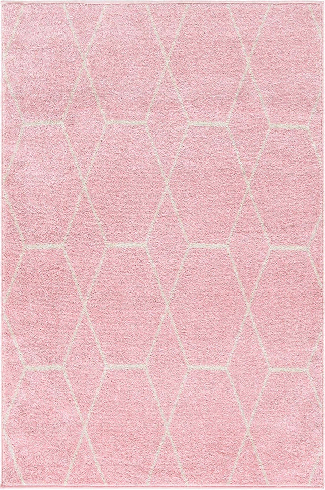 Light Pink 6' 1 x 9' Trellis Frieze Rectangle Area Rug Geometric Modern Unique Stain Resistant Easy Clean Carpet for Living, Dining, Bedrooms, Office for Sale at Rug Engine