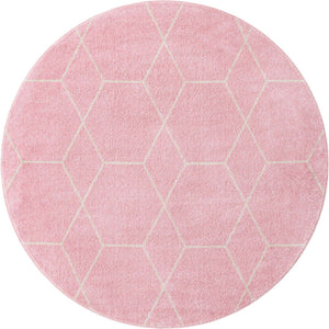 Light Pink 7' 10 x 7' 10 Trellis Frieze Round Area Rug Geometric Modern Unique Stain Resistant Easy Clean Carpet for Living, Dining, Bedrooms, Office for Sale at Rug Engine