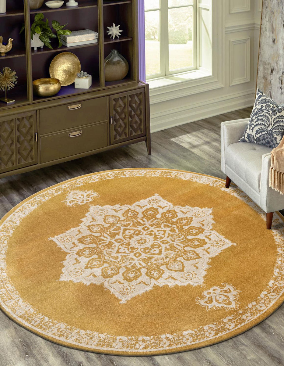 Yellow 8' x 8' Utopia Round Area Rug Traditional Vintage Persian Inspi ...