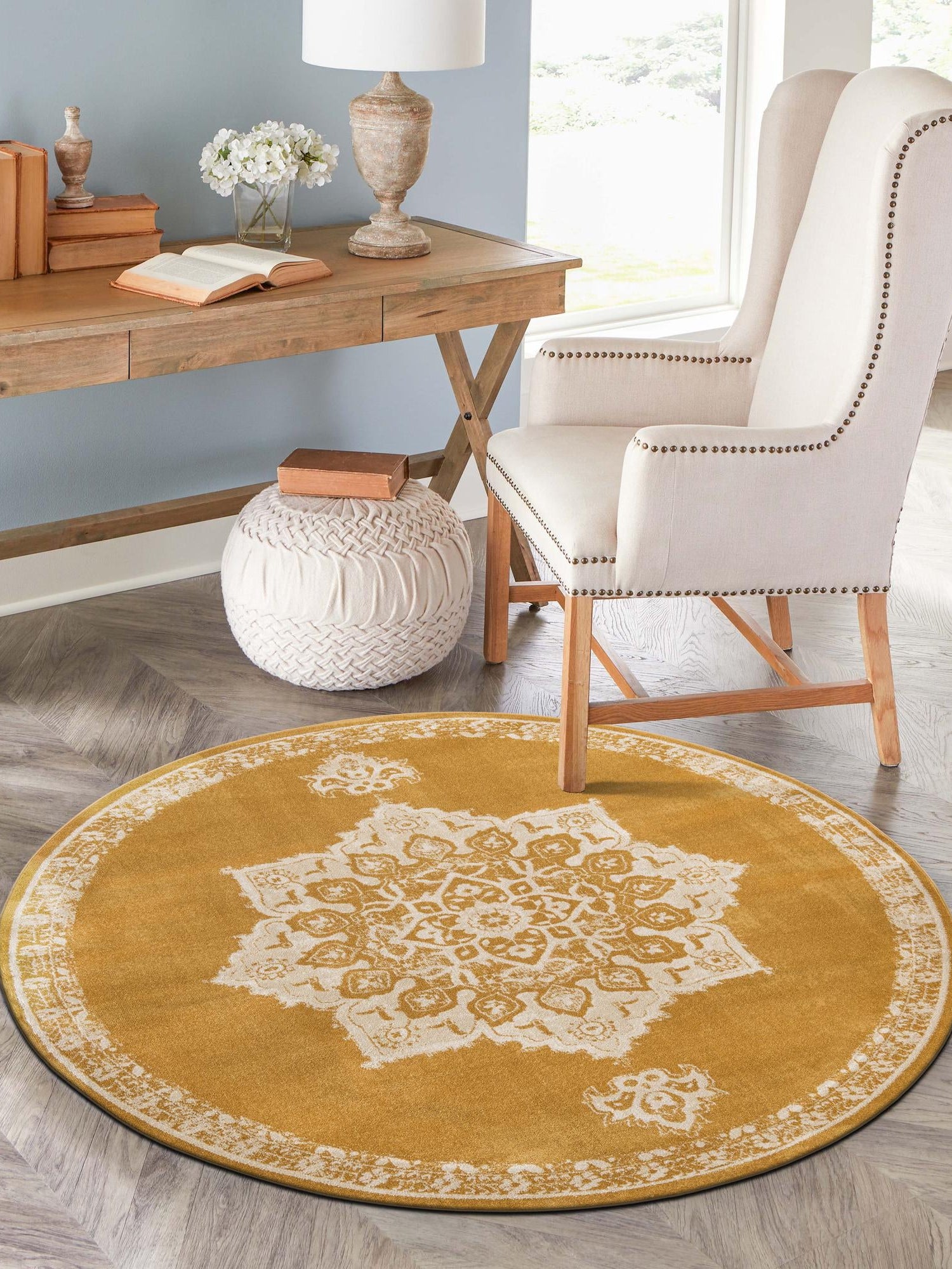 Yellow 4' 1 x 4' 1 Utopia Round Area Rug Traditional Vintage Persian Inspired Vivid Color Durable Carpet for Unique Interiors for Sale at Rug Engine