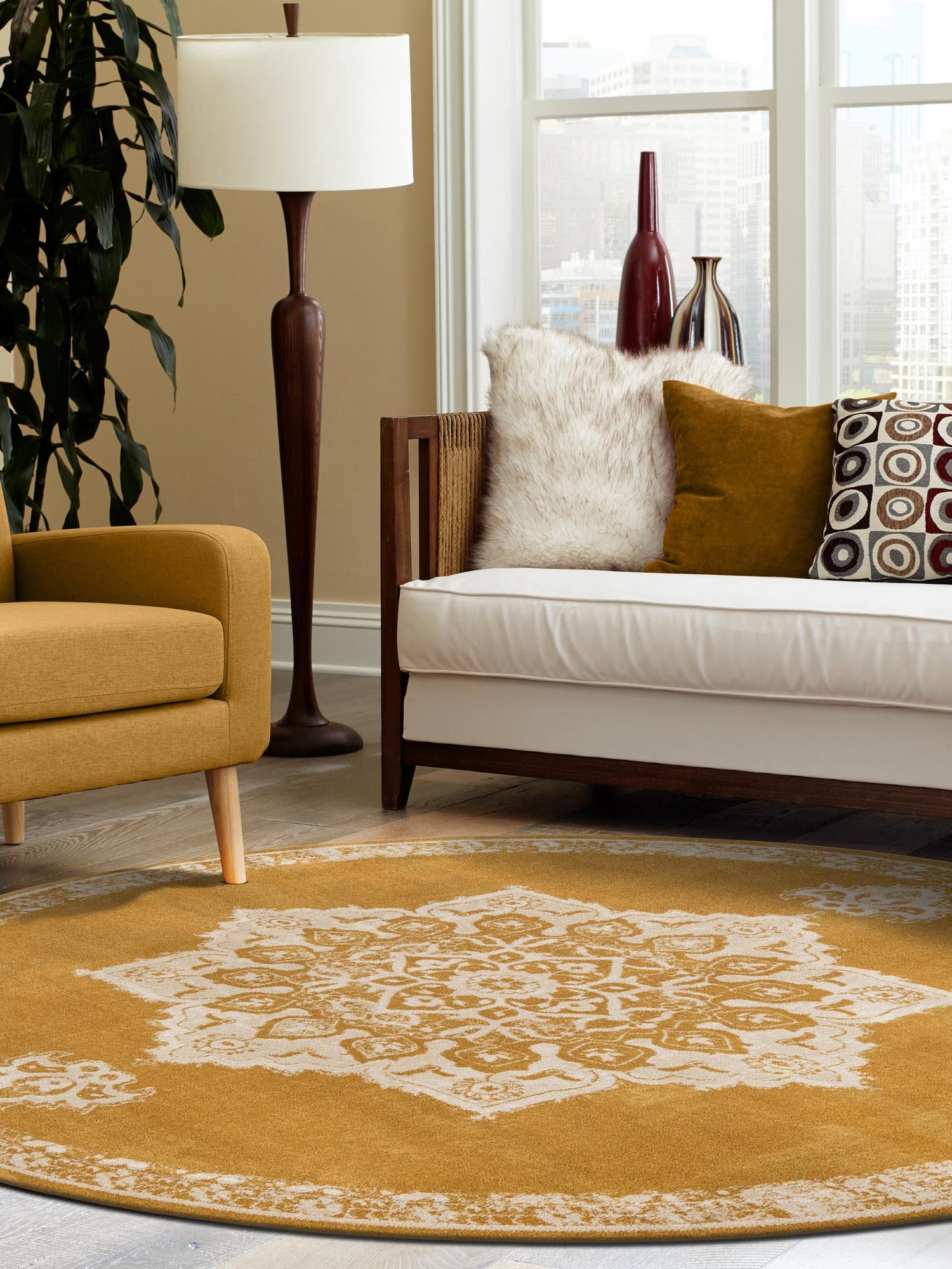 Yellow 4' 1 x 4' 1 Utopia Round Area Rug Traditional Vintage Persian Inspired Vivid Color Durable Carpet for Unique Interiors for Sale at Rug Engine