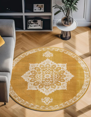 Yellow 8' x 8' Utopia Round Area Rug Traditional Vintage Persian Inspired Vivid Color Durable Carpet for Unique Interiors for Sale at Rug Engine