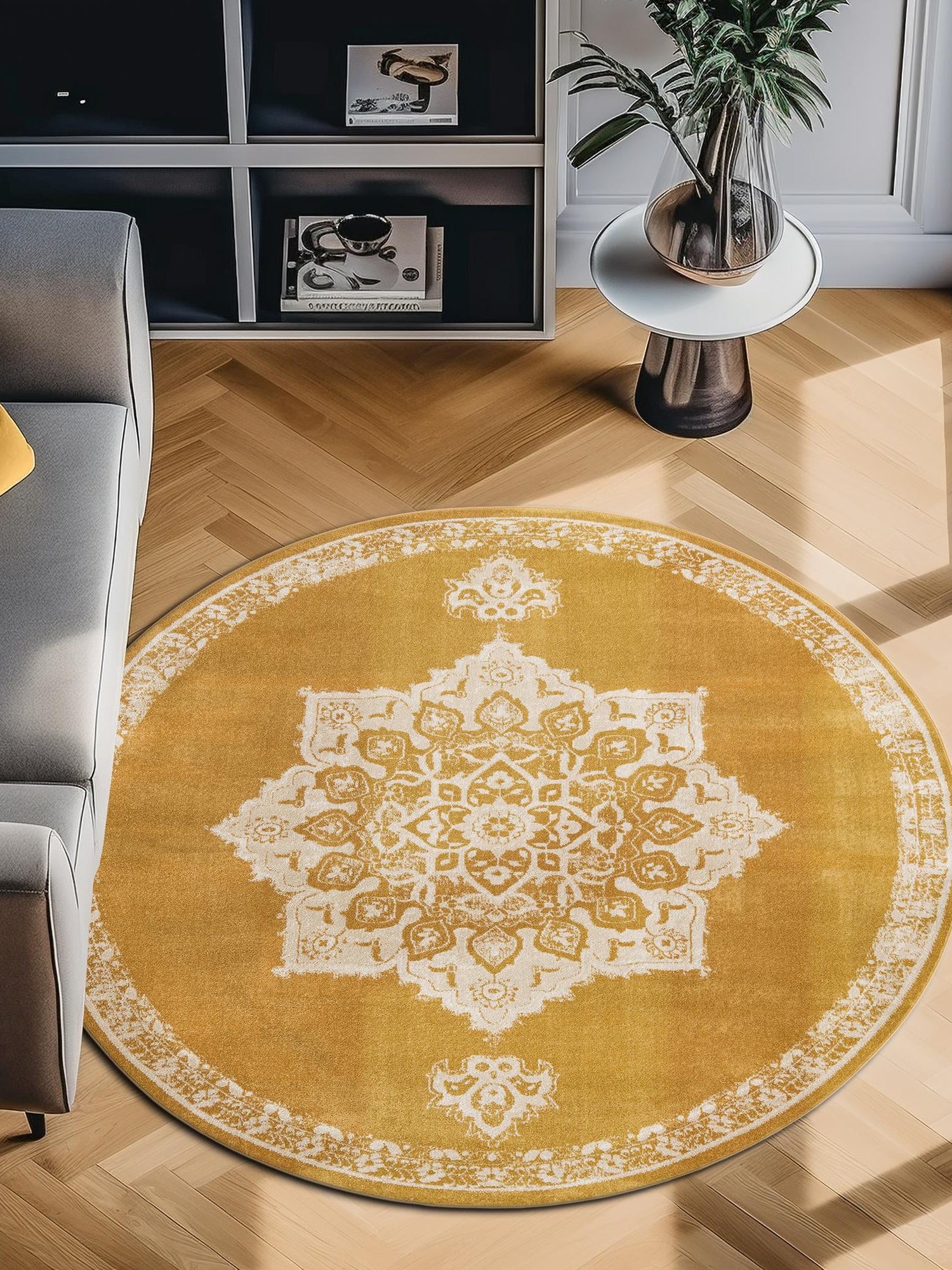 Yellow 4' 1 x 4' 1 Utopia Round Area Rug Traditional Vintage Persian Inspired Vivid Color Durable Carpet for Unique Interiors for Sale at Rug Engine