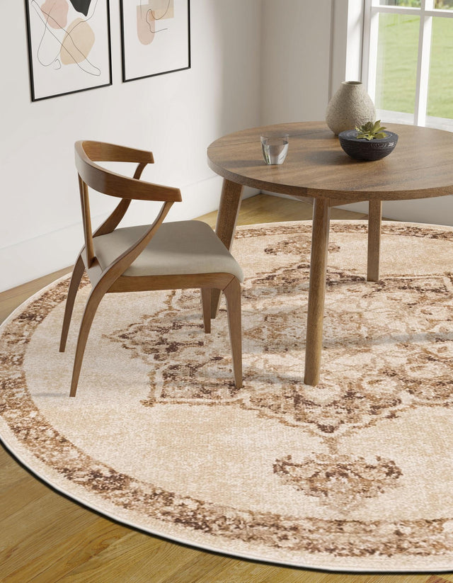 Beige 8' x 8' Utopia Round Area Rug Traditional Vintage Persian Inspired Vivid Color Durable Carpet for Unique Interiors for Sale at Rug Engine
