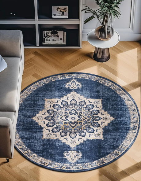 Navy Blue 8' x 8' Utopia Round Area Rug Traditional Vintage Persian Inspired Vivid Color Durable Carpet for Unique Interiors for Sale at Rug Engine