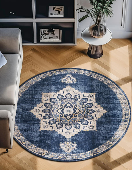 Navy Blue 4' x 4' Utopia Round Area Rug Traditional Vintage Persian Inspired Vivid Color Durable Carpet for Unique Interiors for Sale at Rug Engine