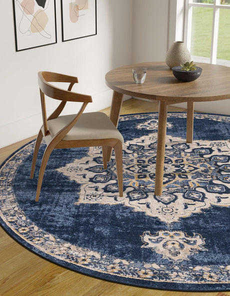 Navy Blue 8' x 8' Utopia Round Area Rug Traditional Vintage Persian Inspired Vivid Color Durable Carpet for Unique Interiors for Sale at Rug Engine