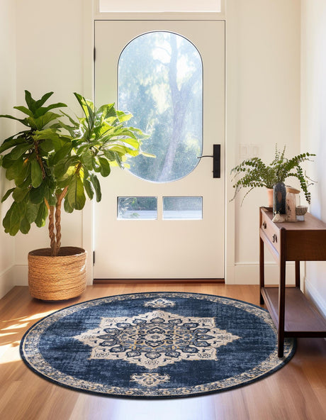 Navy Blue 4' x 4' Utopia Round Area Rug Traditional Vintage Persian Inspired Vivid Color Durable Carpet for Unique Interiors for Sale at Rug Engine