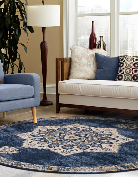 Navy Blue 8' x 8' Utopia Round Area Rug Traditional Vintage Persian Inspired Vivid Color Durable Carpet for Unique Interiors for Sale at Rug Engine