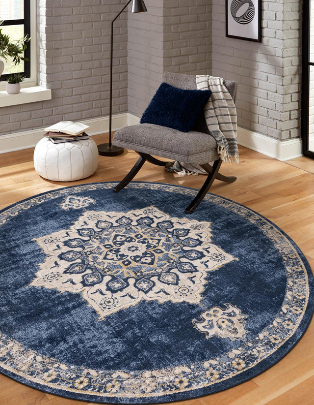 Navy Blue 8' x 8' Utopia Round Area Rug Traditional Vintage Persian Inspired Vivid Color Durable Carpet for Unique Interiors for Sale at Rug Engine