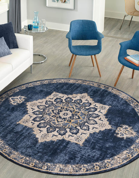 Navy Blue 8' x 8' Utopia Round Area Rug Traditional Vintage Persian Inspired Vivid Color Durable Carpet for Unique Interiors for Sale at Rug Engine