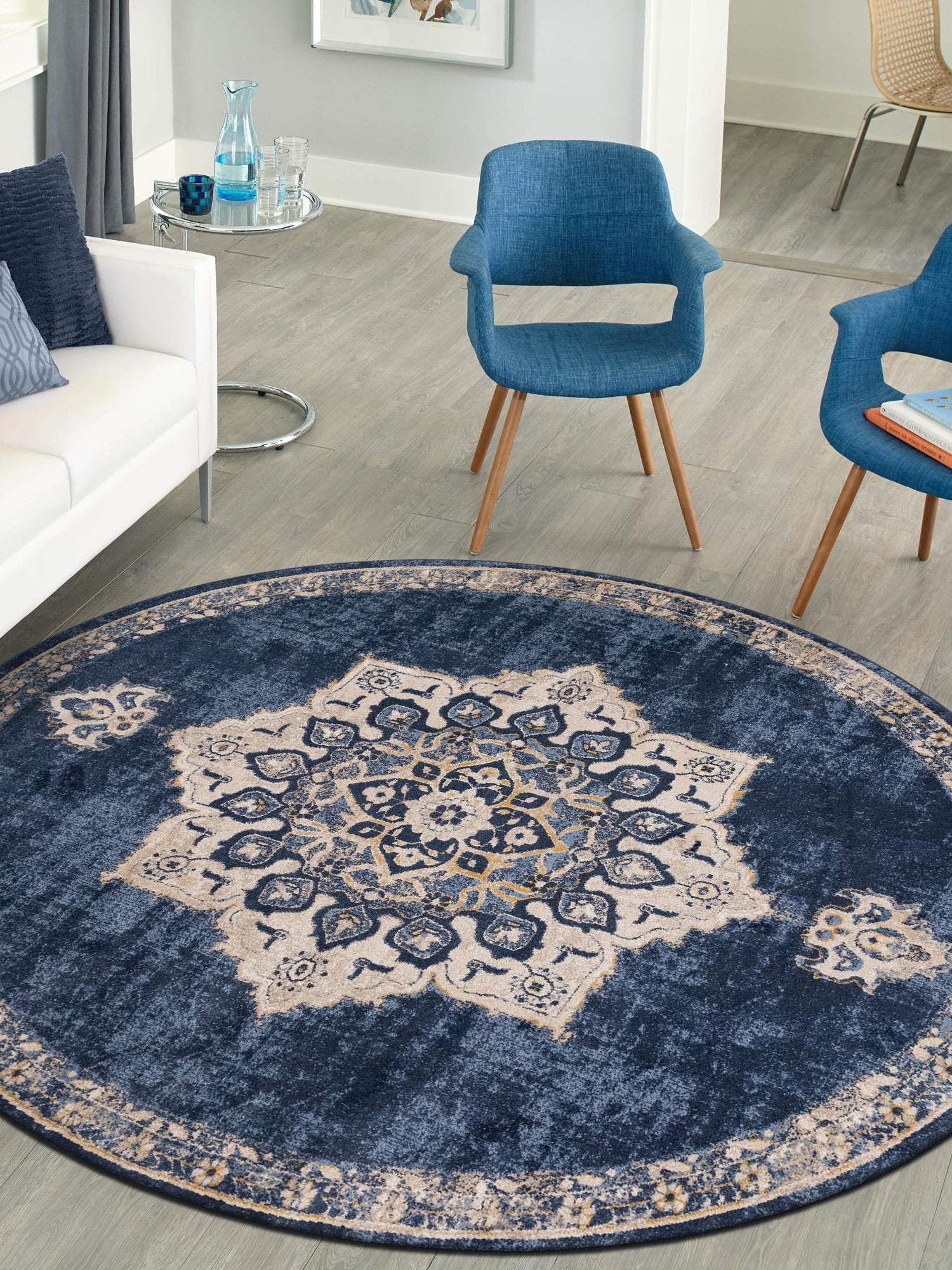 Navy Blue 4' x 4' Utopia Round Area Rug Traditional Vintage Persian Inspired Vivid Color Durable Carpet for Unique Interiors for Sale at Rug Engine