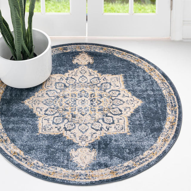 Navy Blue 4' x 4' Utopia Round Area Rug Traditional Vintage Persian Inspired Vivid Color Durable Carpet for Unique Interiors for Sale at Rug Engine