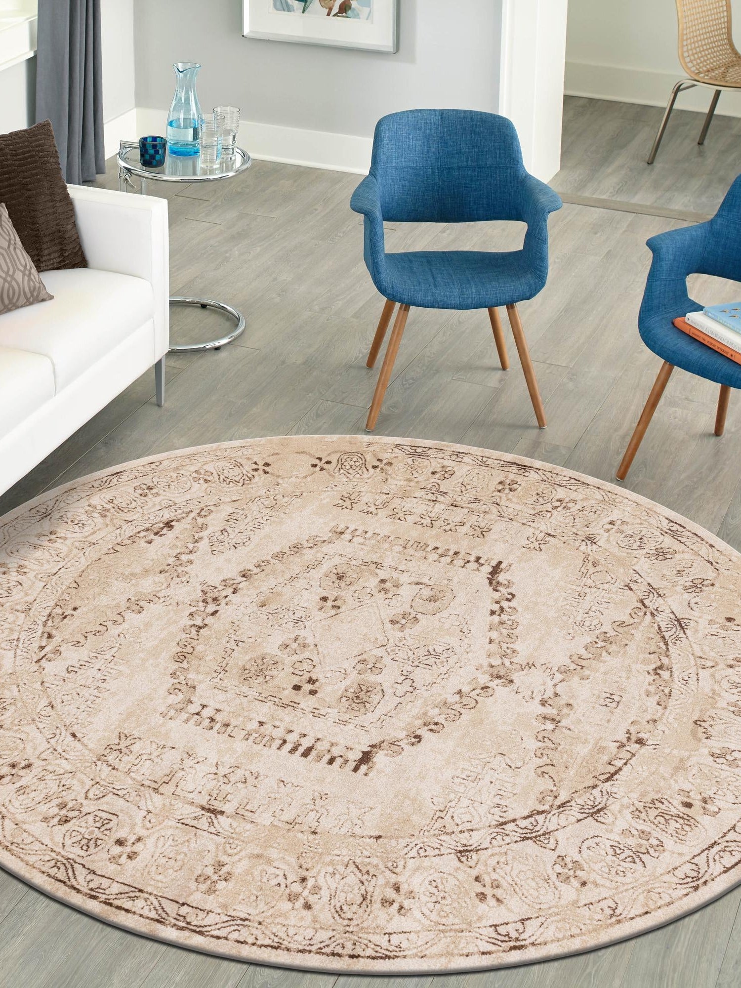 Beige 8' x 8' Utopia Round Area Rug Traditional Vintage Persian Inspired Vivid Color Durable Carpet for Unique Interiors for Sale at Rug Engine