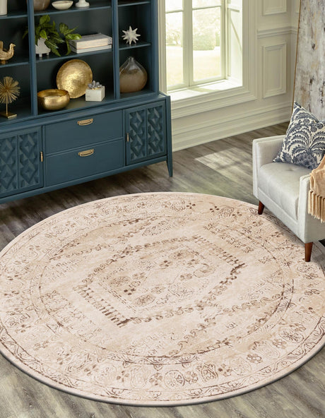 Beige 4' x 4' Utopia Round Area Rug Traditional Vintage Persian Inspired Vivid Color Durable Carpet for Unique Interiors for Sale at Rug Engine
